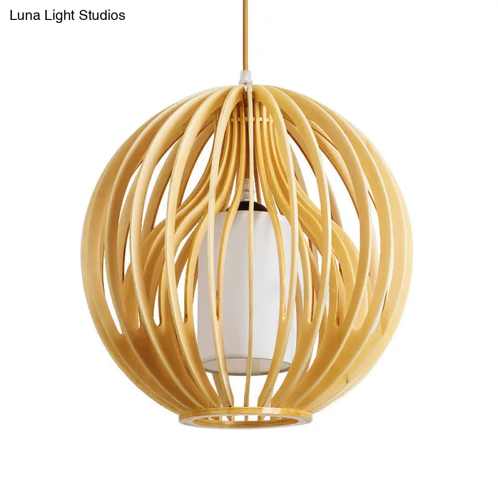 Contemporary Beige Hanging Lamp For Restaurants - Wood Ceiling Pendant With Orb/Hat Design