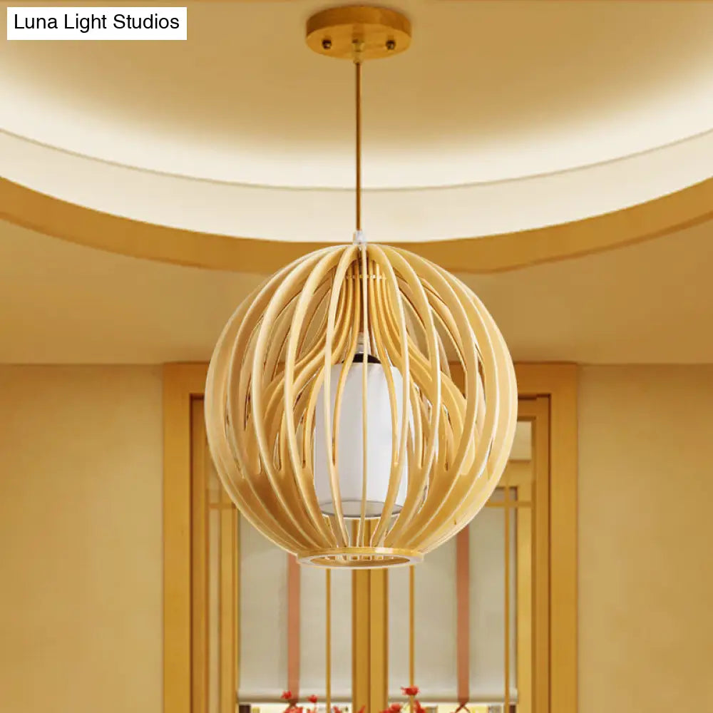 Contemporary Beige Orb/Hat Hanging Lamp - Wood Ceiling Pendant Light For Restaurants