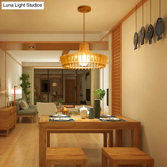 Contemporary Beige Hanging Lamp For Restaurants - Wood Ceiling Pendant With Orb/Hat Design