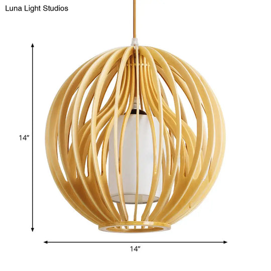 Contemporary Beige Orb/Hat Hanging Lamp - Wood Ceiling Pendant Light For Restaurants