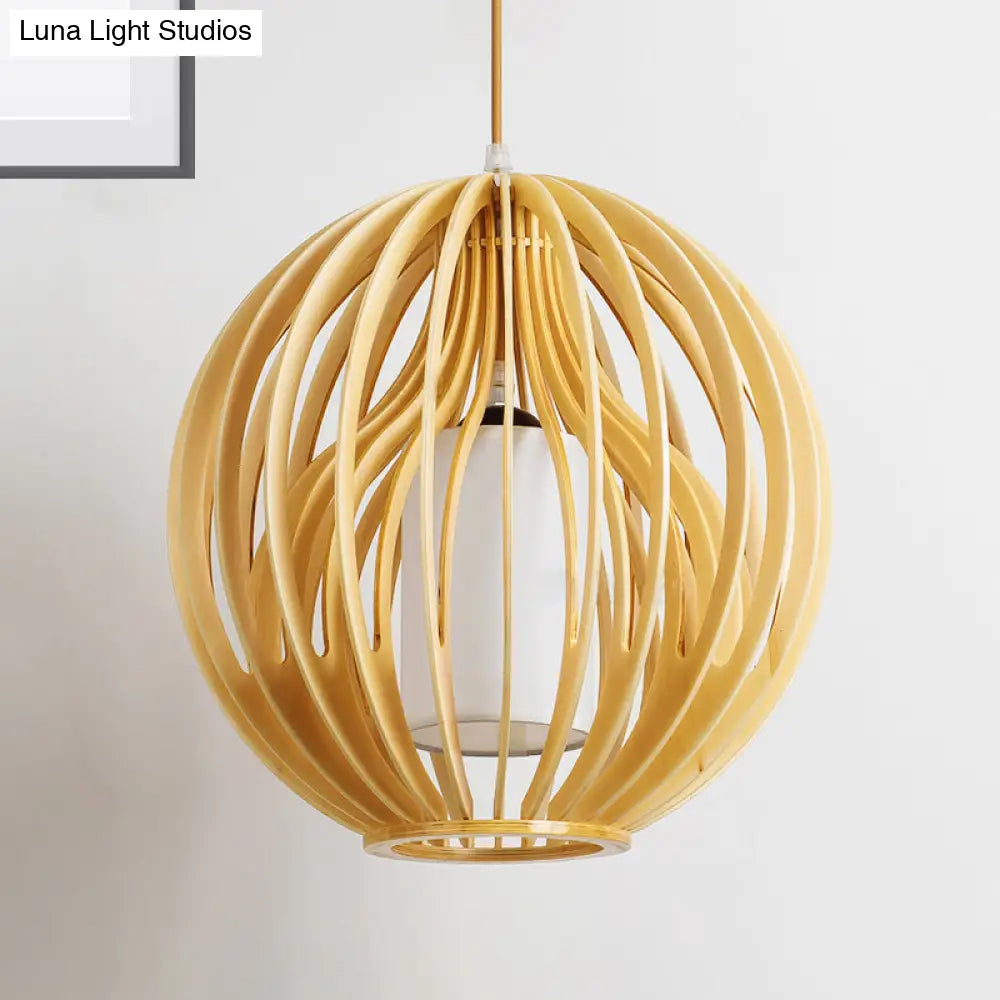 Contemporary Beige Hanging Lamp For Restaurants - Wood Ceiling Pendant With Orb/Hat Design