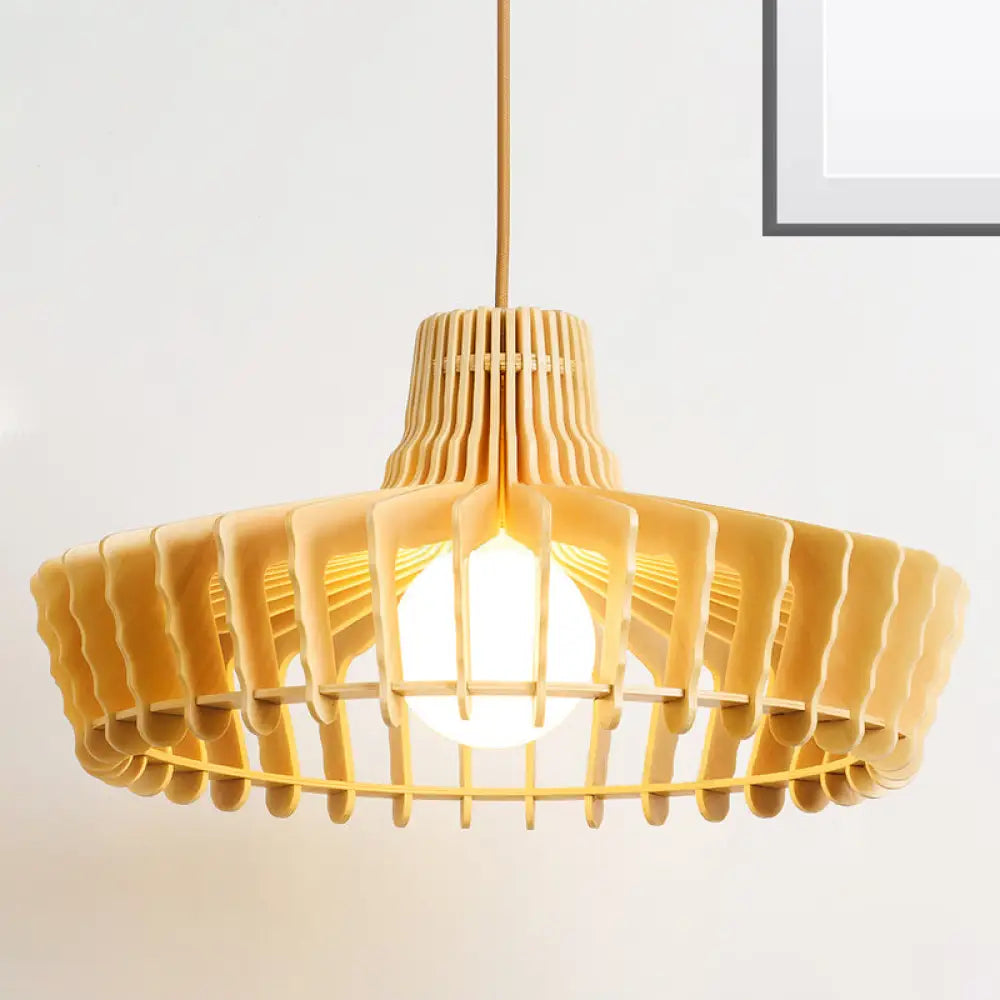 Contemporary Beige Orb/Hat Hanging Lamp - Wood Ceiling Pendant Light For Restaurants / B