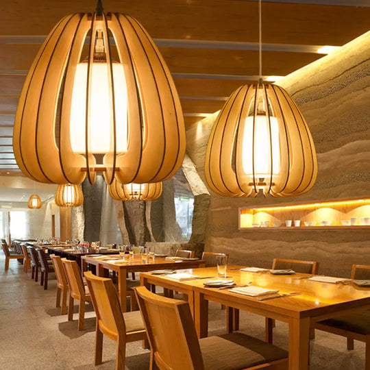 Contemporary Beige Pear Hanging Lamp - Wood Ceiling Pendant Light For Restaurants