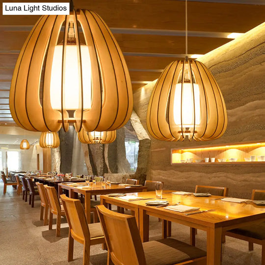 Contemporary Beige Wood Pendant Lamp For Restaurants - 1 Head Ceiling Light