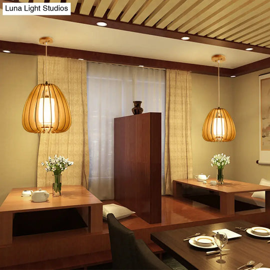 Contemporary Beige Pear Hanging Lamp - Wood Ceiling Pendant Light For Restaurants