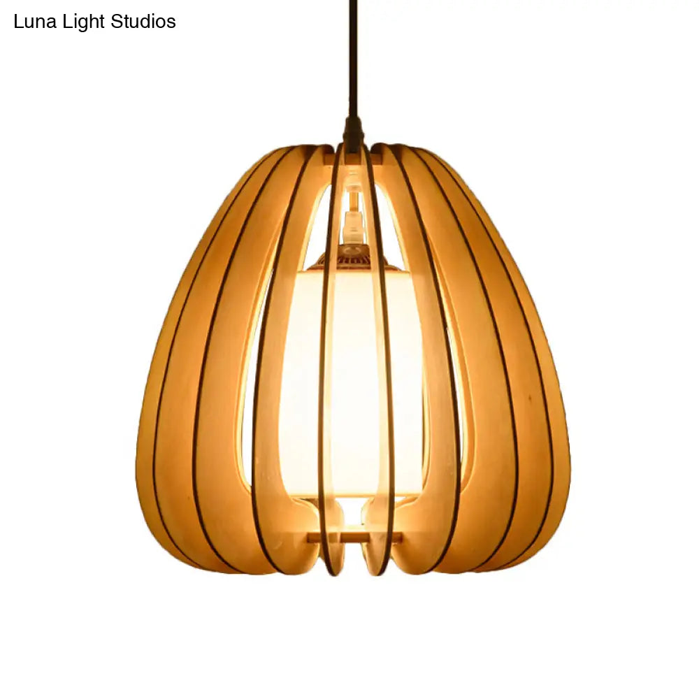 Contemporary Beige Pear Hanging Lamp - Wood Ceiling Pendant Light For Restaurants