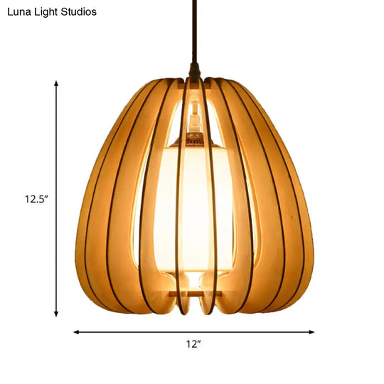 Contemporary Beige Wood Pendant Lamp For Restaurants - 1 Head Ceiling Light