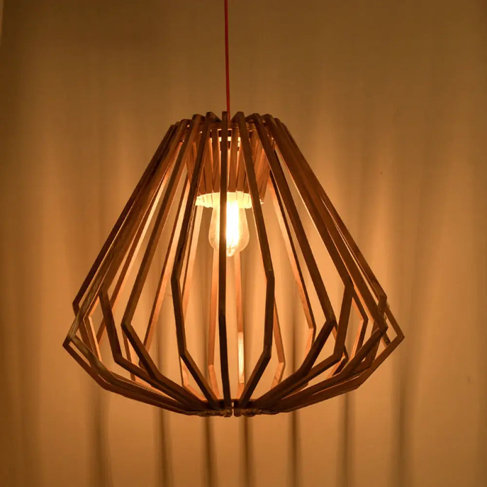 Contemporary Beige Pendant Hanging Light With Diamond Wood Cage - 1-Light Down Lighting For Living