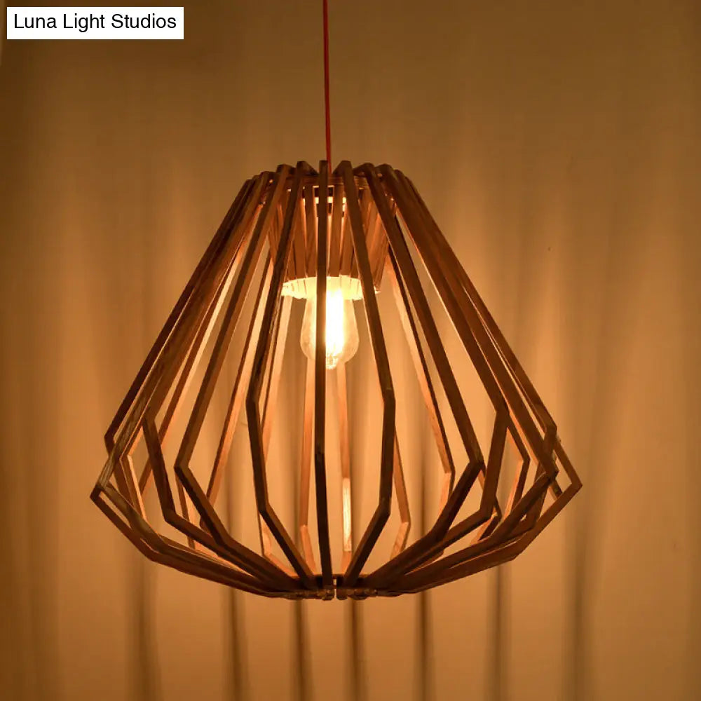 Contemporary Beige Pendant With Diamond Wood Cage - Perfect Living Room Lighting