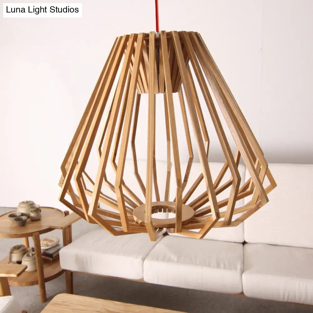 Contemporary Beige Pendant Hanging Light With Diamond Wood Cage - 1-Light Down Lighting For Living