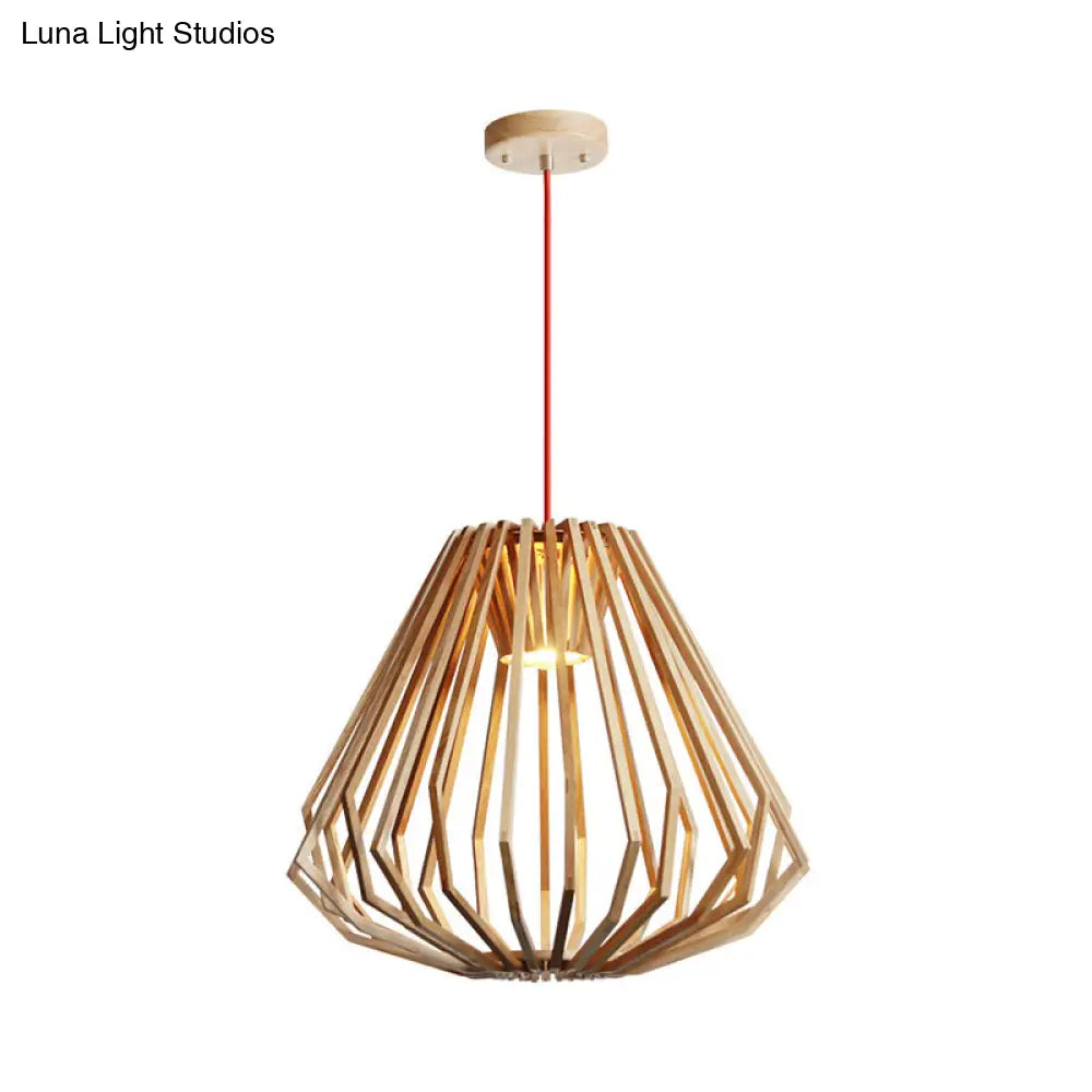 Contemporary Beige Pendant Hanging Light With Diamond Wood Cage - 1-Light Down Lighting For Living