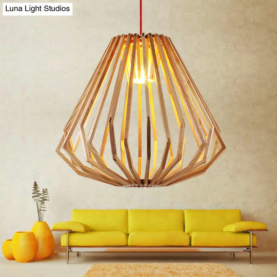 Contemporary Beige Pendant Hanging Light With Diamond Wood Cage - 1-Light Down Lighting For Living