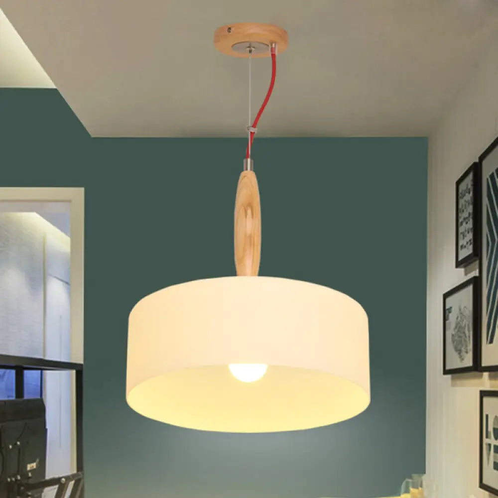 Contemporary Beige Restaurant Pendant With 1-Light Down Lighting And Drum White Glass Shade