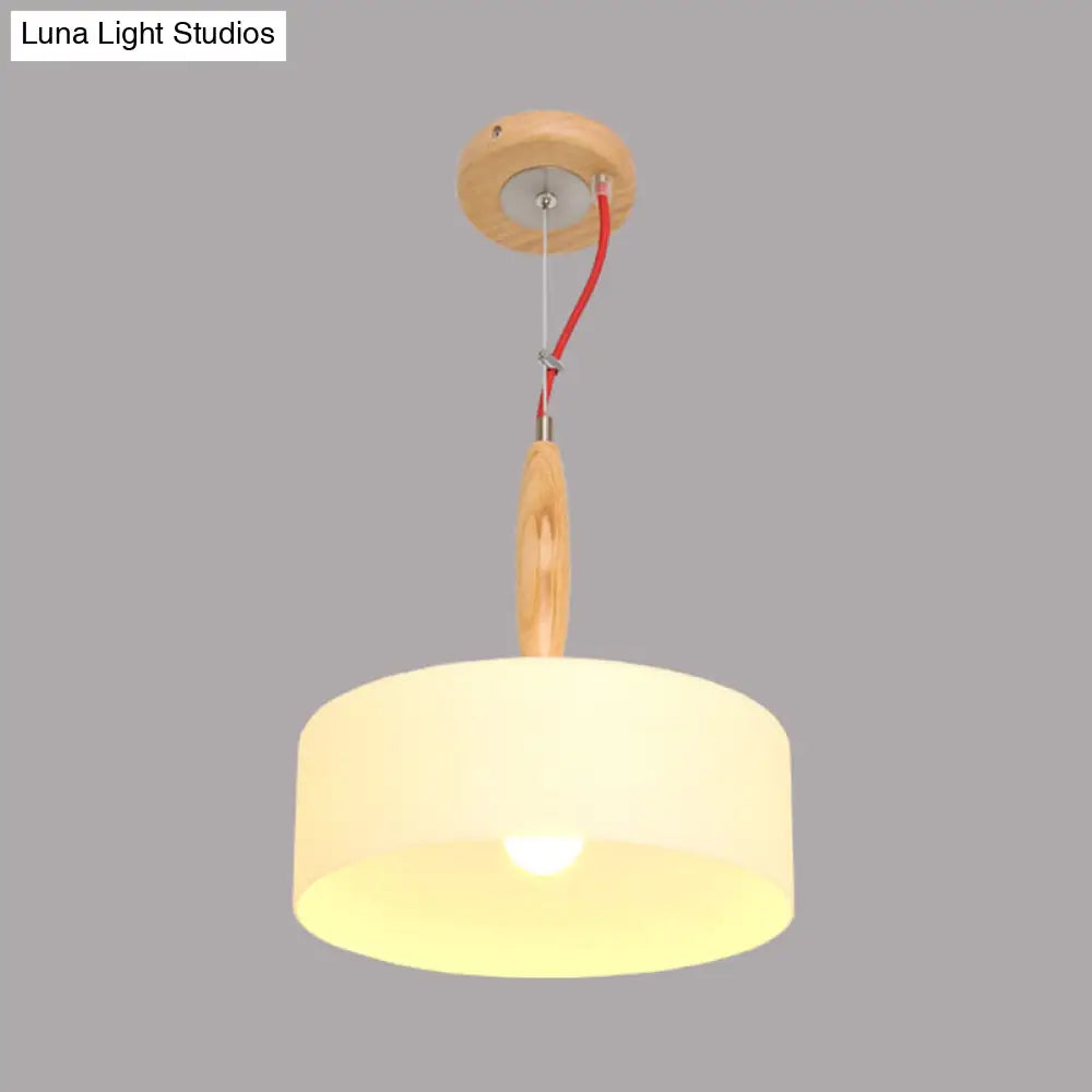 Contemporary Beige 1-Light Restaurant Pendant With White Glass Drum Shade