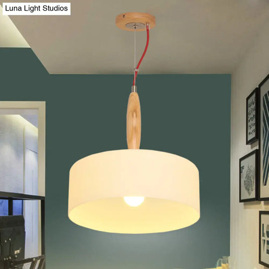 Contemporary Beige 1-Light Restaurant Pendant With White Glass Drum Shade