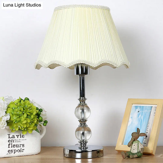Contemporary Beige Scalloped Nightstand Lamp With Clear Crystal Ball Accent - 1 Light Night Table