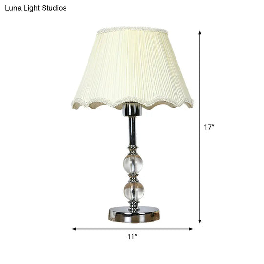 Contemporary Beige Scalloped Nightstand Lamp With Clear Crystal Ball Accent - 1 Light Night Table