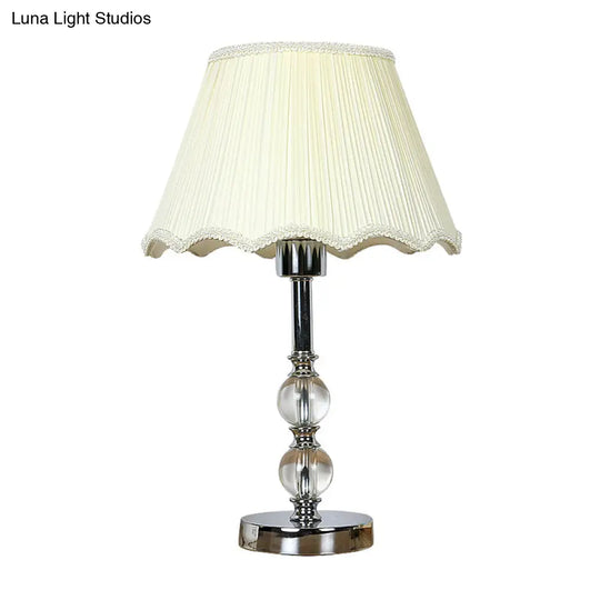 Contemporary Beige Scalloped Nightstand Lamp With Clear Crystal Ball Accent - 1 Light Night Table