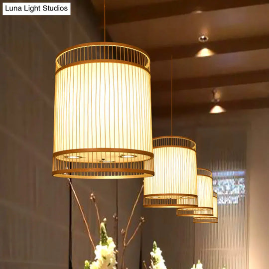 Contemporary Beige Cylindrical Suspension Pendant - 1-Light Bamboo Ceiling Hang Lamp For Restaurants