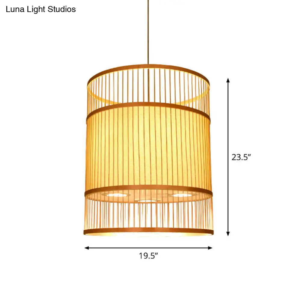 Contemporary Beige Cylindrical Suspension Pendant - 1-Light Bamboo Ceiling Hang Lamp For Restaurants