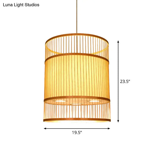 Contemporary Beige Cylindrical Suspension Pendant - 1-Light Bamboo Ceiling Hang Lamp For Restaurants