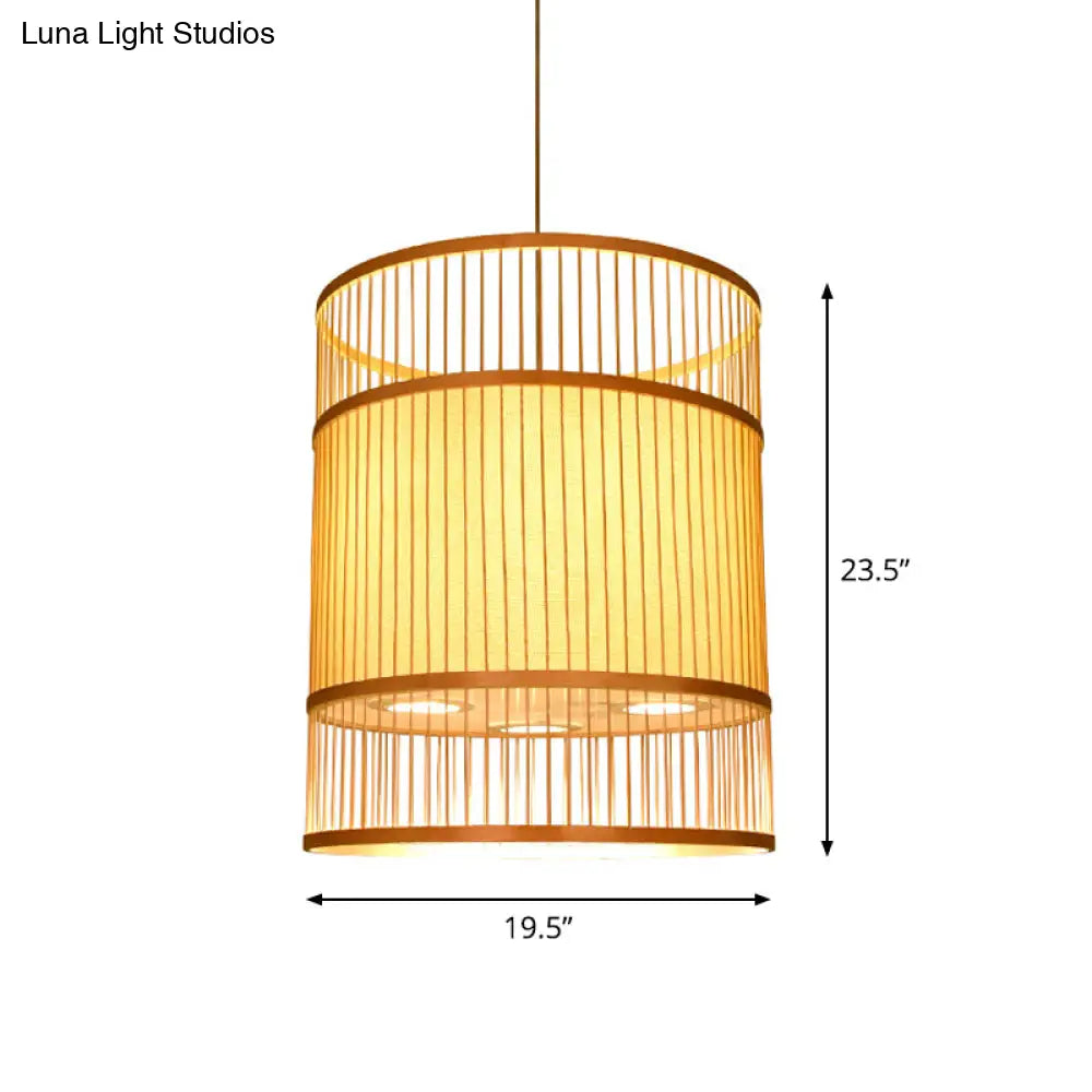 Contemporary Beige Suspension Pendant - Bamboo Ceiling Hang Lamp For Restaurants