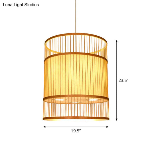 Contemporary Beige Suspension Pendant - Bamboo Ceiling Hang Lamp For Restaurants