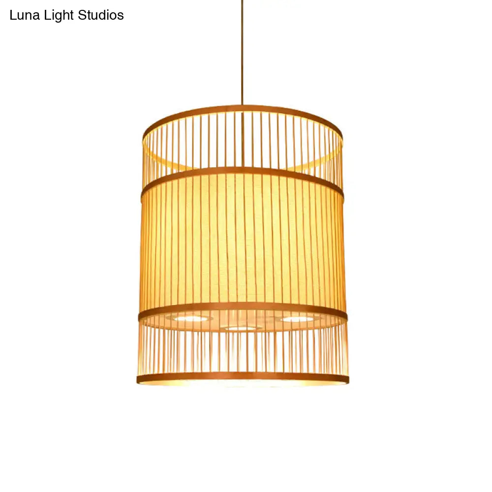 Contemporary Beige Cylindrical Suspension Pendant - 1-Light Bamboo Ceiling Hang Lamp For Restaurants