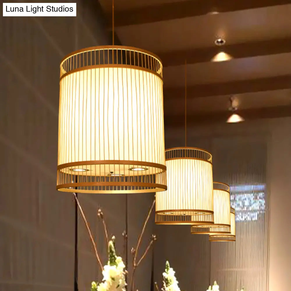 Contemporary Beige Suspension Pendant - Bamboo Ceiling Hang Lamp For Restaurants