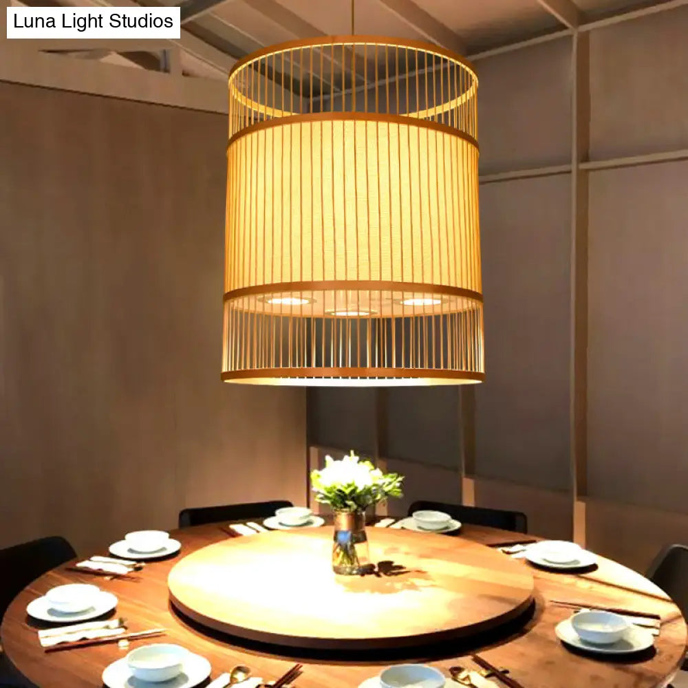 Contemporary Beige Cylindrical Suspension Pendant - 1-Light Bamboo Ceiling Hang Lamp For Restaurants