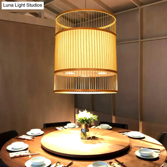 Contemporary Beige Cylindrical Suspension Pendant - 1-Light Bamboo Ceiling Hang Lamp For Restaurants