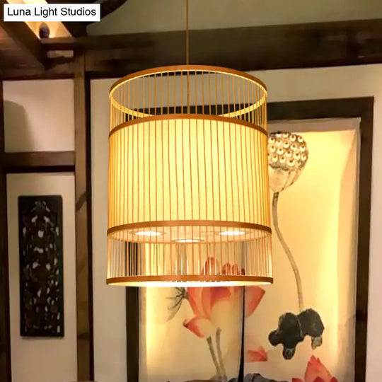 Contemporary Beige Suspension Pendant - Bamboo Ceiling Hang Lamp For Restaurants