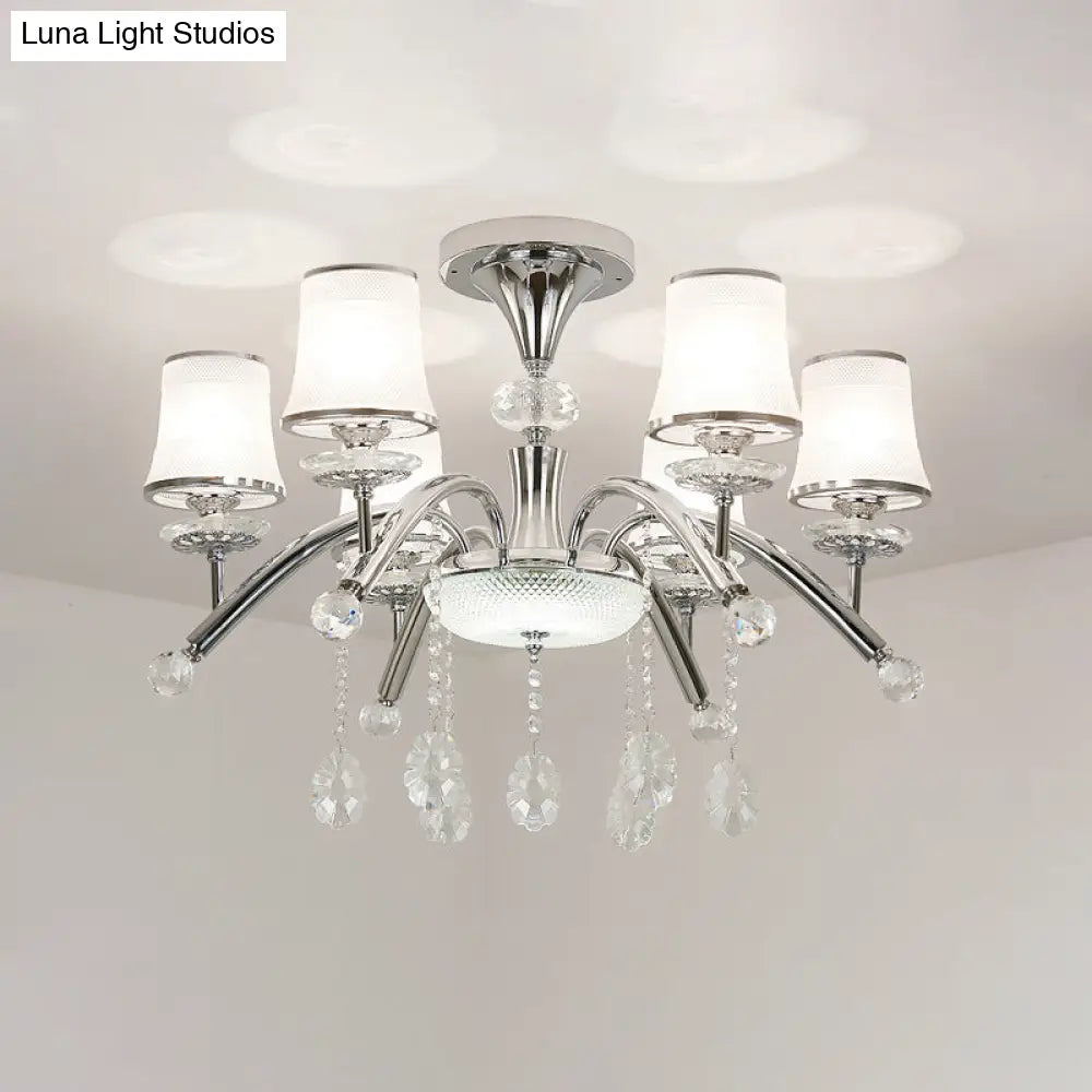 Contemporary Bell Semi Flush Mount Light With Crystal Drop - 6 - Bulb Chrome In Frosted Glass