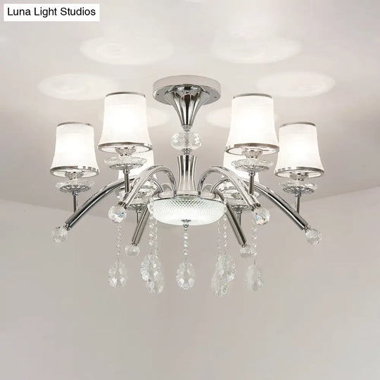 Contemporary Bell Semi Flush Mount Light With Crystal Drop - 6 - Bulb Chrome In Frosted Glass