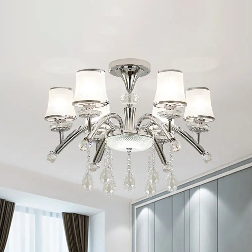 Contemporary Bell Semi Flush Mount Light With Crystal Drop - 6 - Bulb Chrome In Frosted Glass