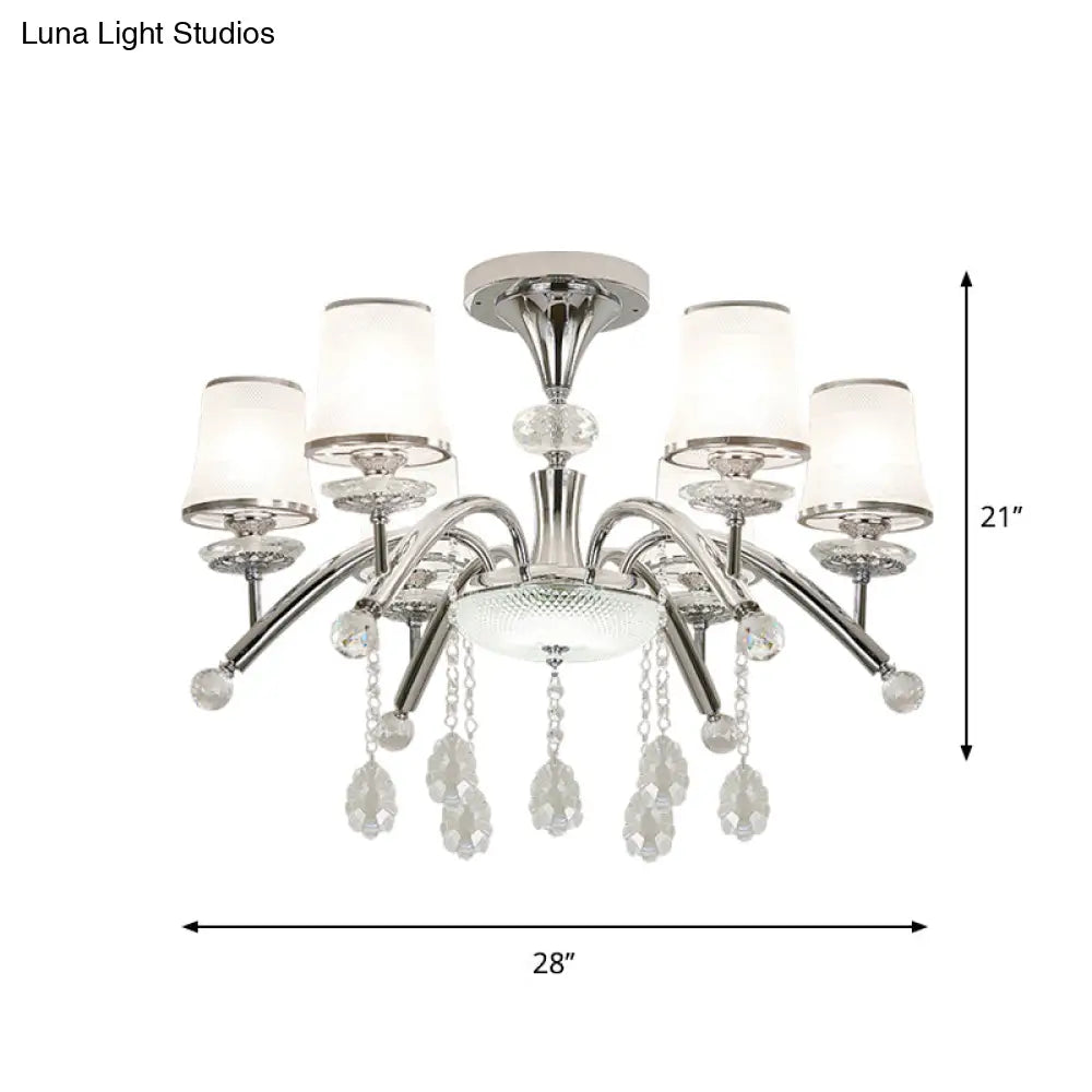 Contemporary Bell Semi Flush Mount Light With Crystal Drop - 6 - Bulb Chrome In Frosted Glass