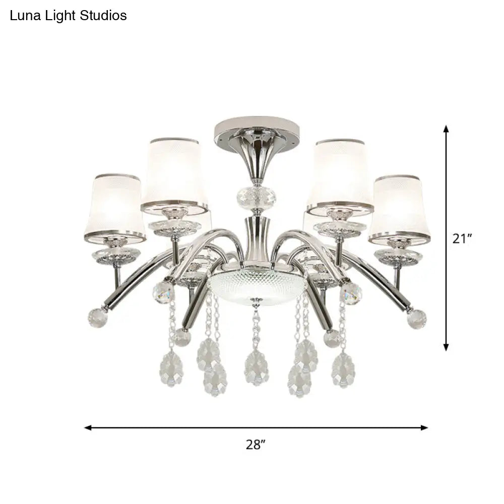 Contemporary Bell Semi Flush Mount Light With Crystal Drop - 6-Bulb Chrome In Frosted Glass