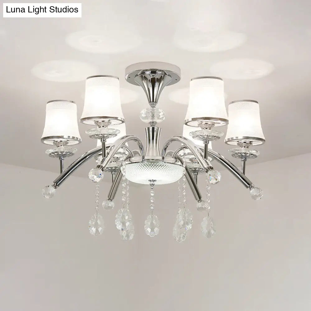 Contemporary Bell Semi Flush Mount Light With Crystal Drop - 6-Bulb Chrome In Frosted Glass