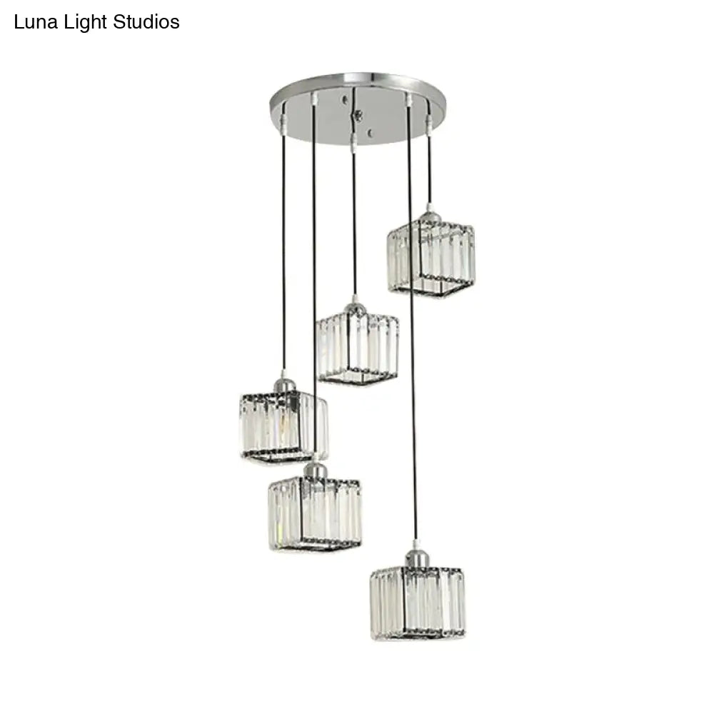 Beveled Crystal Cubic Pendant Suspension Light With Contemporary Swirl Design