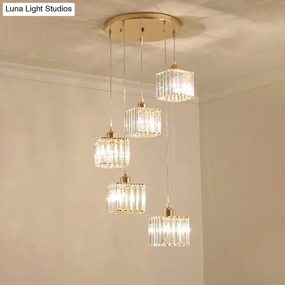 Beveled Crystal Cubic Pendant Suspension Light With Contemporary Swirl Design 5 / Gold