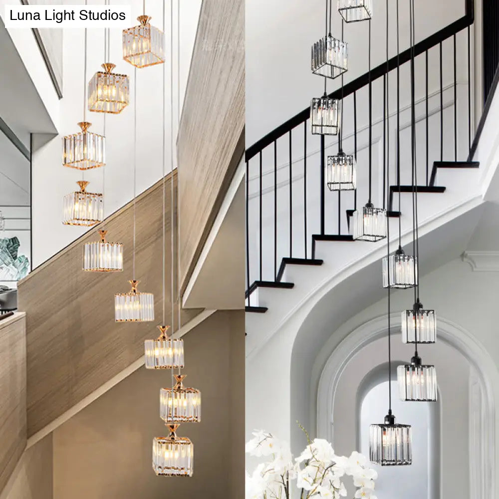 Beveled Crystal Cubic Pendant Suspension Light With Contemporary Swirl Design