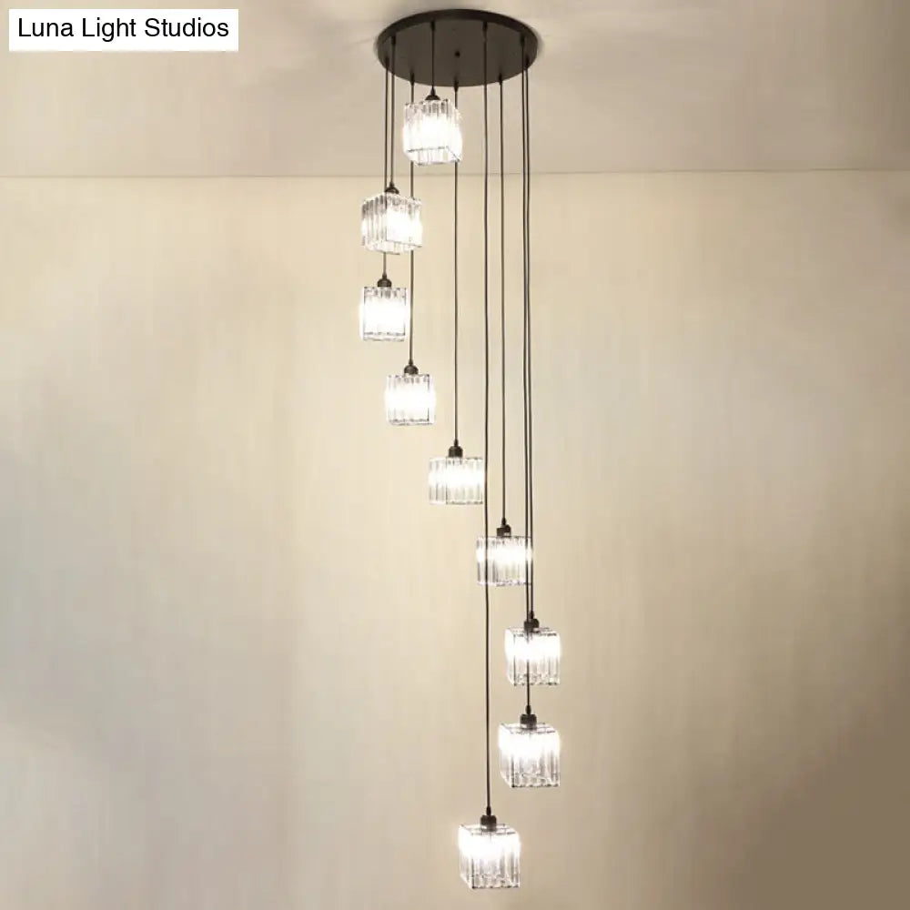 Beveled Crystal Cubic Pendant Suspension Light With Contemporary Swirl Design