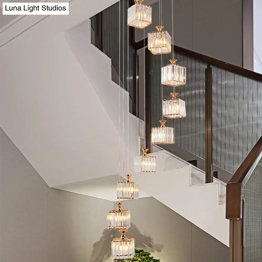 Beveled Crystal Cubic Pendant Suspension Light With Contemporary Swirl Design 9 / Gold