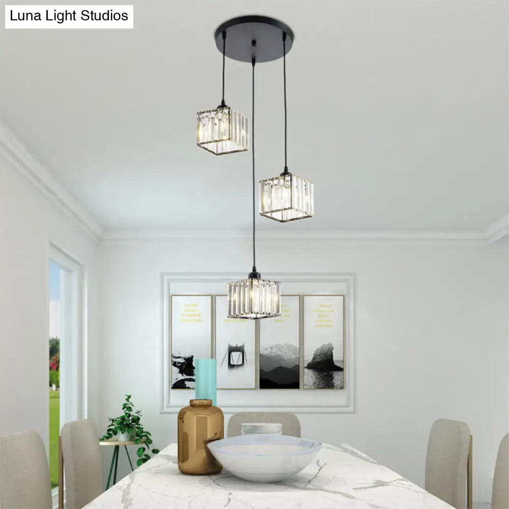 Beveled Crystal Cubic Pendant Suspension Light With Contemporary Swirl Design 3 / Black