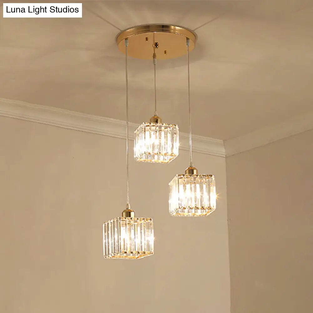 Beveled Crystal Cubic Pendant Suspension Light With Contemporary Swirl Design 3 / Gold