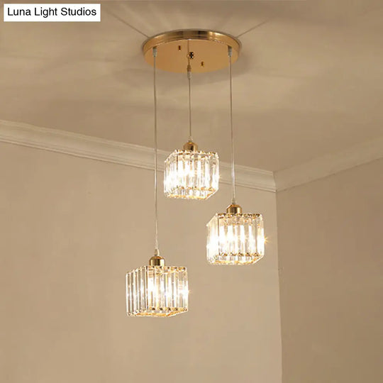 Beveled Crystal Cubic Pendant Suspension Light With Contemporary Swirl Design 3 / Gold