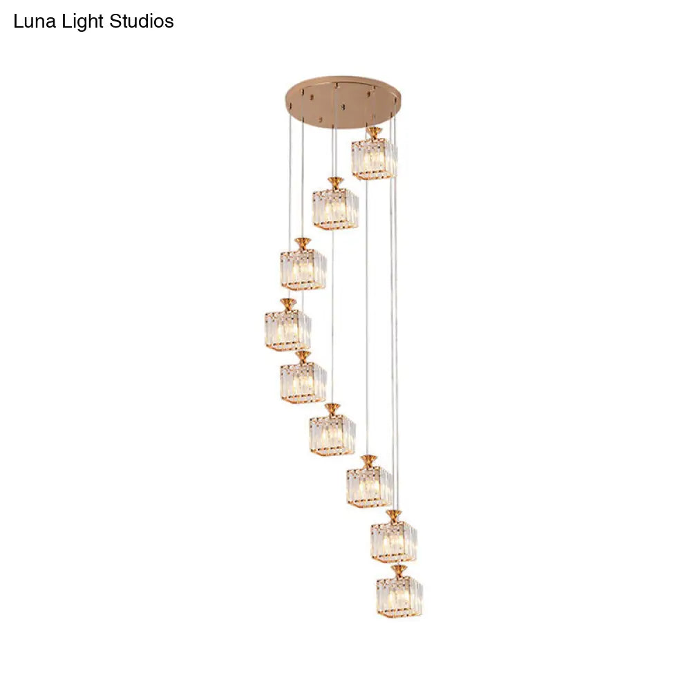 Beveled Crystal Cubic Pendant Suspension Light With Contemporary Swirl Design