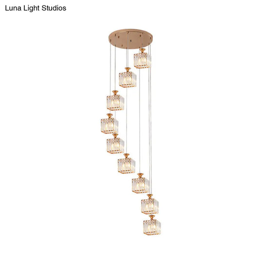 Beveled Crystal Cubic Pendant Suspension Light With Contemporary Swirl Design