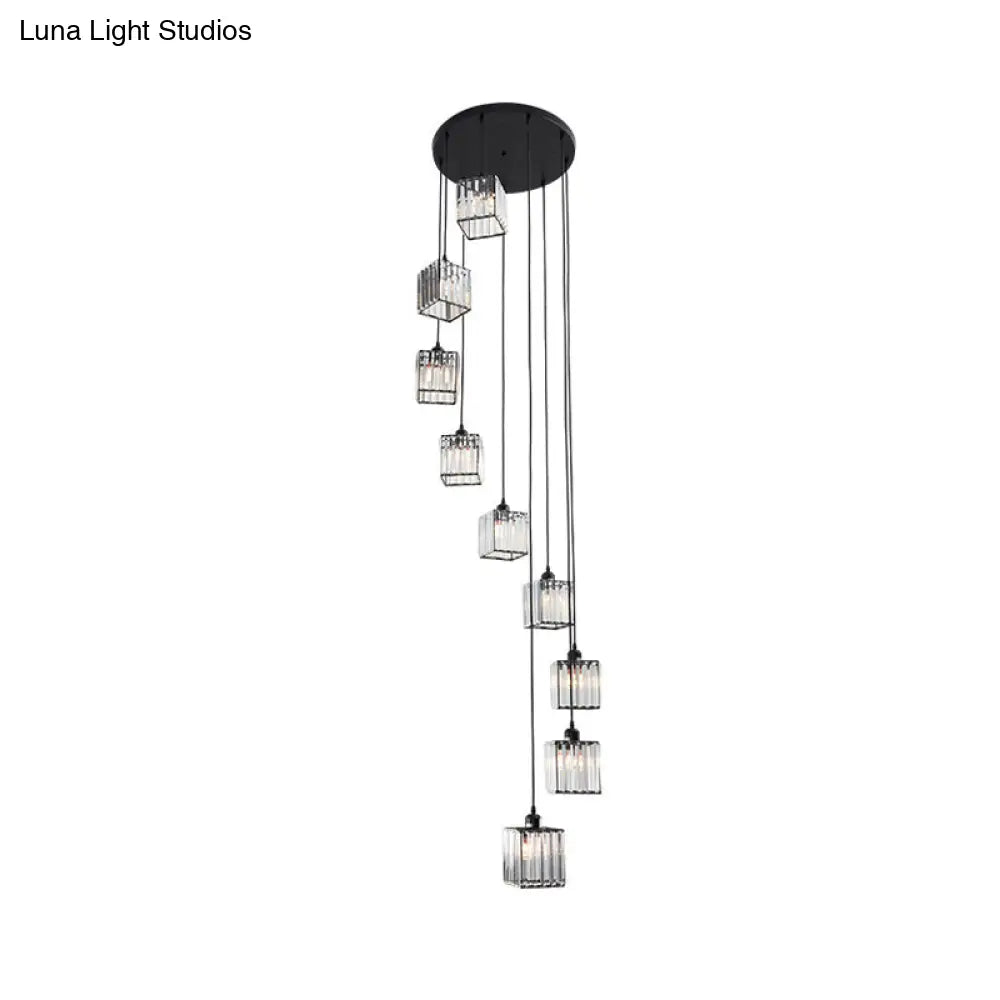 Beveled Crystal Cubic Pendant Suspension Light With Contemporary Swirl Design