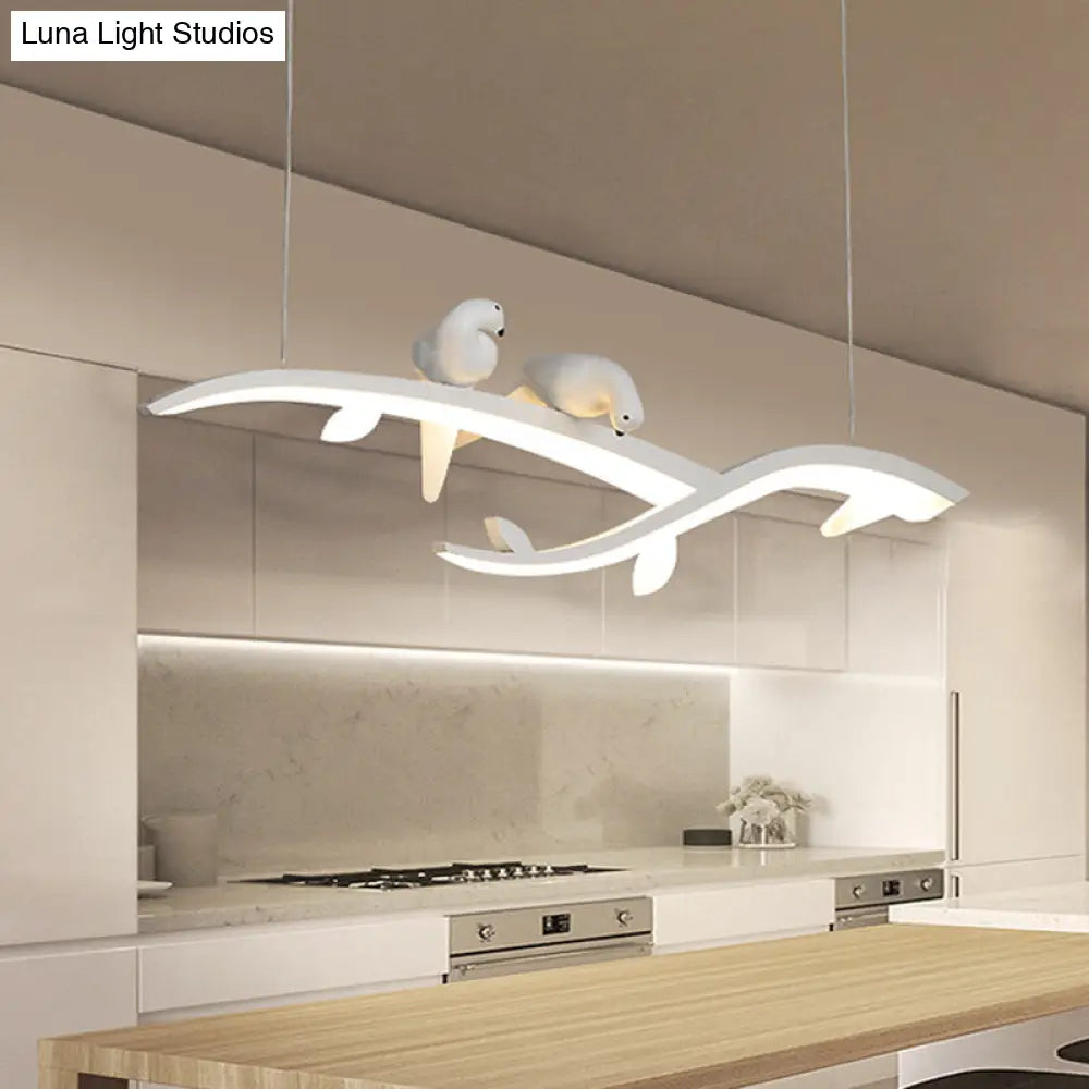 Modern Branch Hanging Pendant Lamp With Acrylic Led White Finish And Bird Deco Warm/White Light -